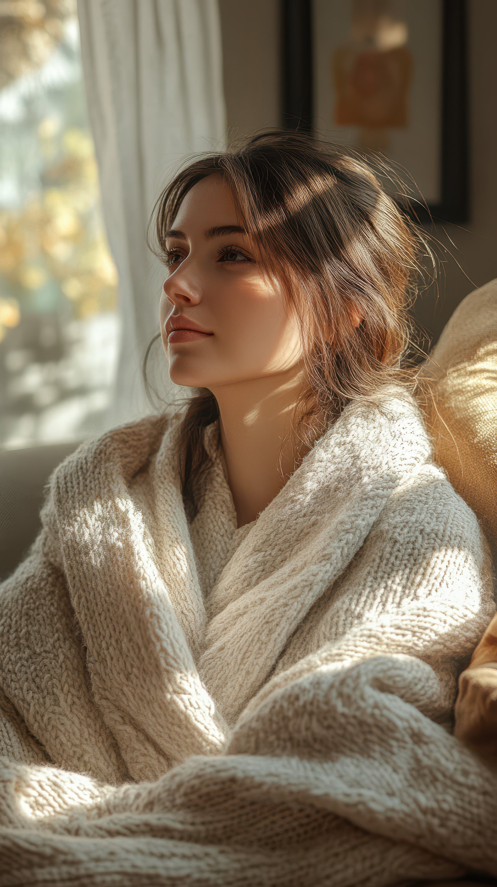 Warm and cozy moment indoors as a woman relaxes in a soft blanket while enjoying the sunlight in the afternoon